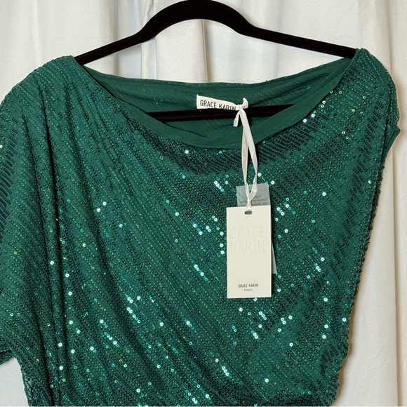 Grace Karin Emerald Green Sequin Asymmetrical Wrap Dress NWT Women’s Medium - Picture 5 of 16
